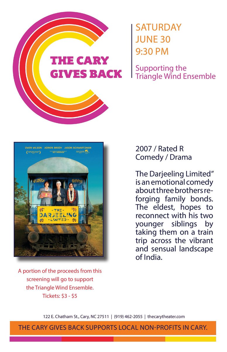 Come join us watch The Darjeeling Limited <a href="/CaryTheater/">The Cary Theater</a> on June 30th. <a href="/OfflineRDU/">Offline</a> etix.com/ticket/p/63523…