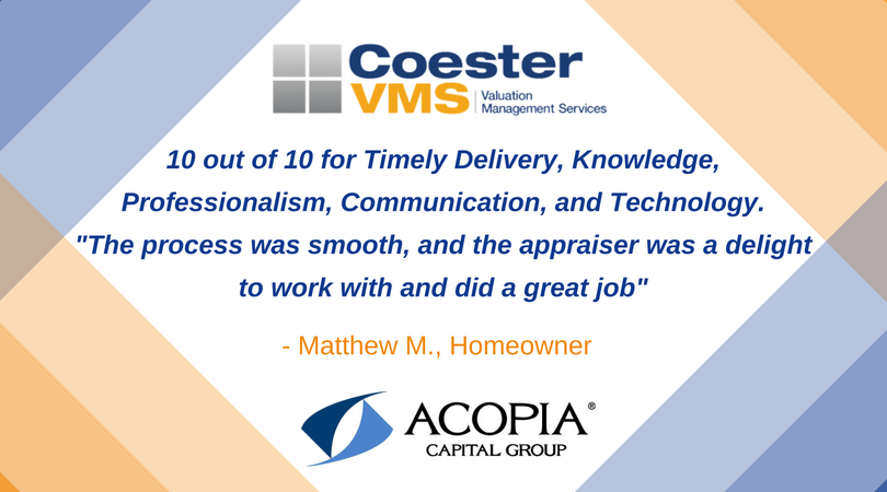 CoesterVMS's tweet photo. It's always great to see we are delivering on our CoesterMER service guarantee! Thank you Matthew M. for the positive review on your appraisal experience with us and #AcopiaCapitalGroup! #CoesterVMS #PositiveReview https://t.co/VknbRWvfQE