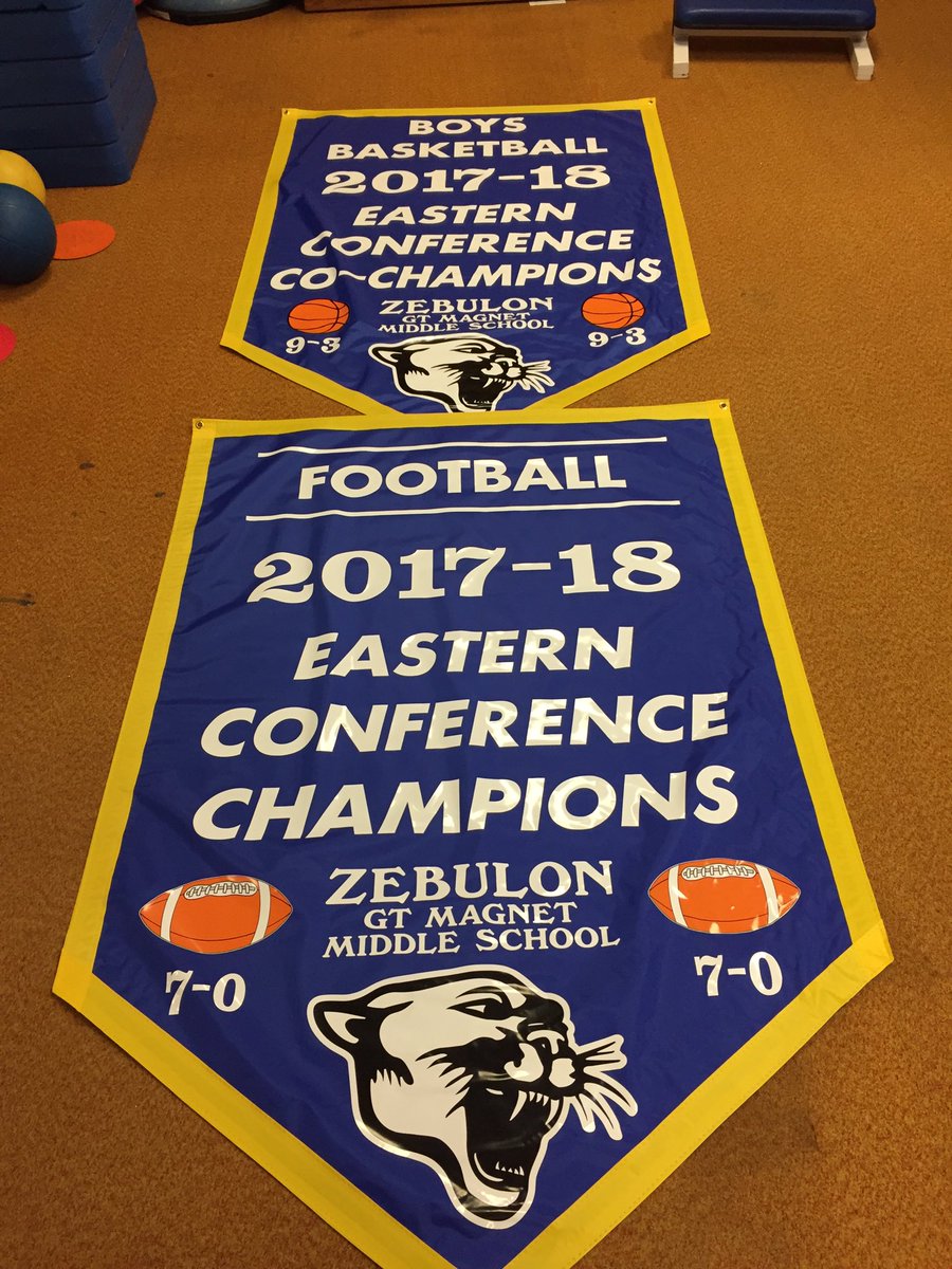 Championship Banners are here!!! Congrats to Boys basketball 🏀 and Football 🏈 Well done Cougars! <a href="/ZebulonMS/">Zebulon Gifted & Talented Magnet Middle School</a>