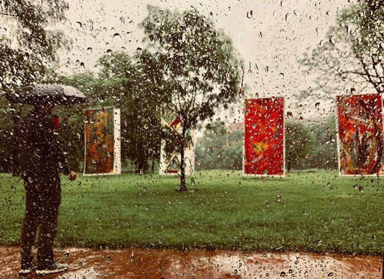 DCDPR's tweet photo. Even in the rain ☔️ the colors pop! #TheOrangeStep HUGE Outdoor Art exhibit in Rose Park #Gerorgetown until June 2. https://t.co/gb57Zf72OD for info @kiriljeli https://t.co/A85csg6A6Y