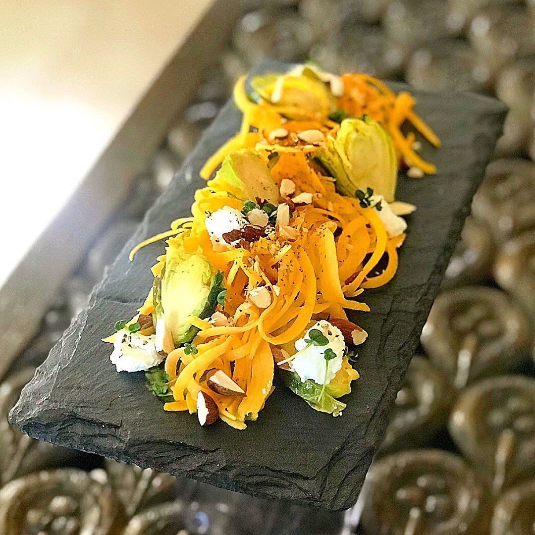 Light &amp; VERY satisfying. Butternut squash noodles / coconut oil / apple cider roasted brussels / lemon thyme / toasted almonds / crumbled feta #RecipeOfTheDay #Lunch