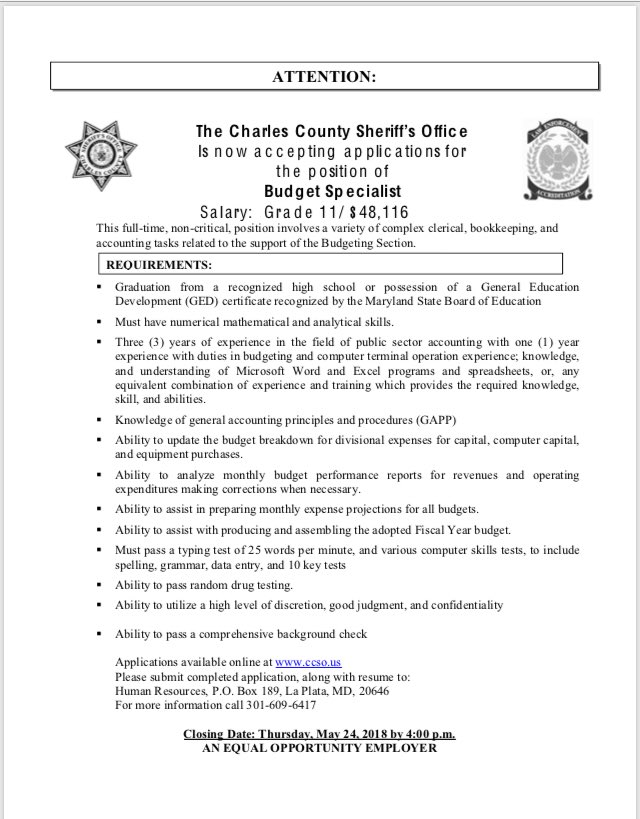 JoinCCSOMD's tweet photo. The @CCSOMD is now accepting applications for the position of Budget Specialist. Go to https://t.co/z3DdDZlPKk for more information and to apply. 
CLOSING DATE: 5/24/18 by 4PM #JoinCCSOMD #Hiring #DMV #CharlesCounty https://t.co/yJ1KaovK9g