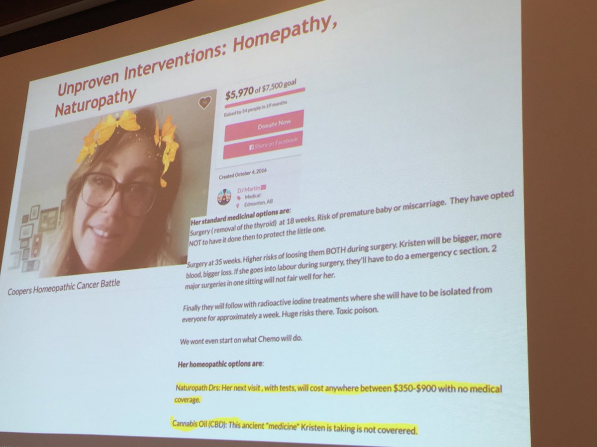 CaulfieldTim's tweet photo. Homeopathy for cancer? Crowdfunding raising billions for health services/therapies - some proven, many unproven. Presentation by @jeremycsnyder at our #RepSci2018 event. #Crowdfunding #Cancer @UAlbertaLaw #scicomm @LeighGTurner @CBCHealth https://t.co/YXWXBAChmJ