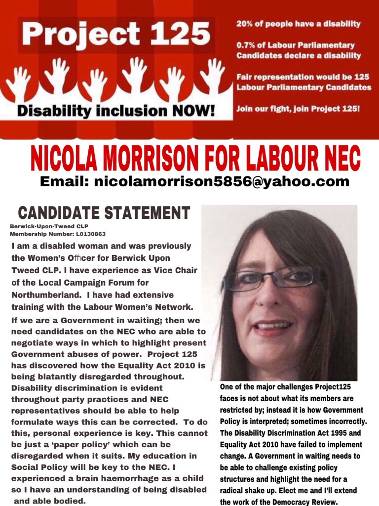 JonFletcherAUL's tweet photo. @daily_politics #Project125 has launched its @UKLabour NEC election campaign.  We have the only candidate slate with openly declared disabled Candidates.  #JonFletcher4LabourNEC #NicolaMorrison4LabourNEC https://t.co/IOuHYwBX6w