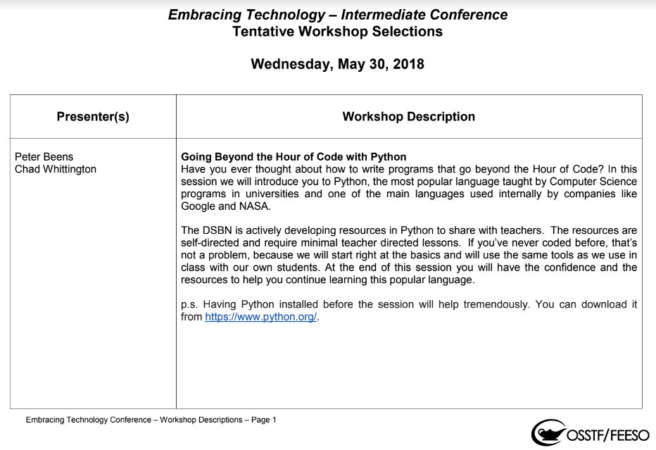 Peter Beens 🇨🇦 (@pbeens) on Twitter photo Looking forward to presenting our <a href="/dsbn/">District School Board of Niagara</a> #Python resources at the <a href="/OSSTF/">OSSTF Communications</a> "Embracing Technology" conference together with <a href="/whittic/">Chad Whittington</a>. Looking forward to presenting our <a href="/dsbn/">District School Board of Niagara</a> #Python resources at the <a href="/OSSTF/">OSSTF Communications</a> "Embracing Technology" conference together with <a href="/whittic/">Chad Whittington</a>.