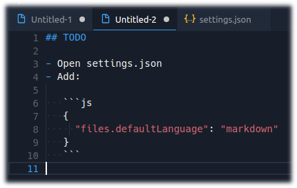 VS <a href="/code/">Visual Studio Code</a> tip: Turn VS Code into a quick notepad with highlighting by adding `"files.defaultLanguage": "markdown"` to your settings file. All untitled files will then default to Markdown!