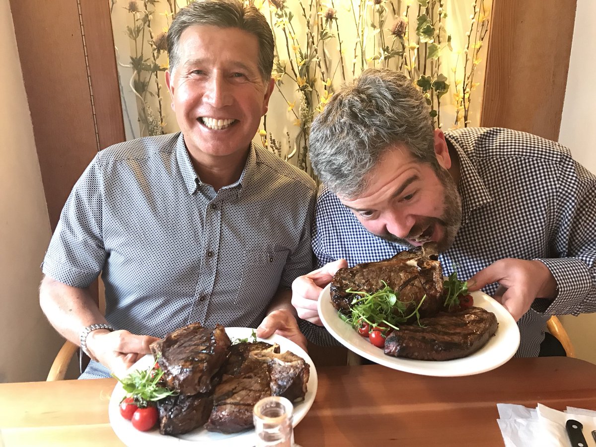 GrantStottOnAir's tweet photo. Out for a “light bite” @MusselSteakBar with these two legends. Not sure if we’ve enough steak!! 😳
#BestSteaks 🥩 https://t.co/XJ3fXNO9HH
