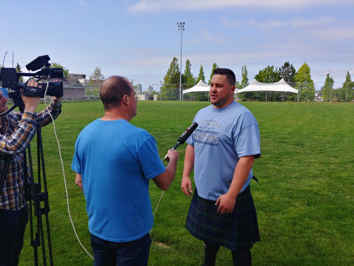 websterworlds18's tweet photo. Athletes have started arriving. A few of the guys came to the field this morning to loosen up. #websterworlds18 @victoriahighlandgames https://t.co/0cqceAX8w4