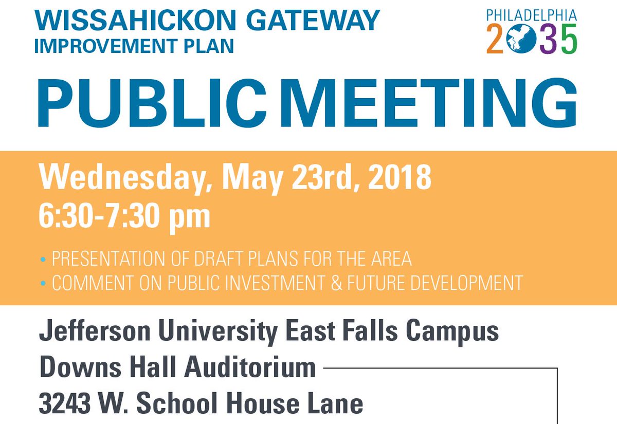 PHLPlanDevelop's tweet photo. On May 23rd, tell us what you think of the designs and plan to make the Wissahickon Gateway a place where people can easily connect to buses, trains, sidewalks, and bike trails!
https://t.co/cJpGBVfRrP https://t.co/AyMIkAiof8