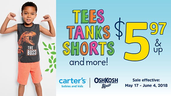 TheShopsatMC's tweet photo. Tees, tanks, shorts &amp; more! Doorcrashers $5.97 &amp; up @Carters @OshKoshBgosh Effective: May 17 – June 4, 2018 https://t.co/JPZgqoShFU
