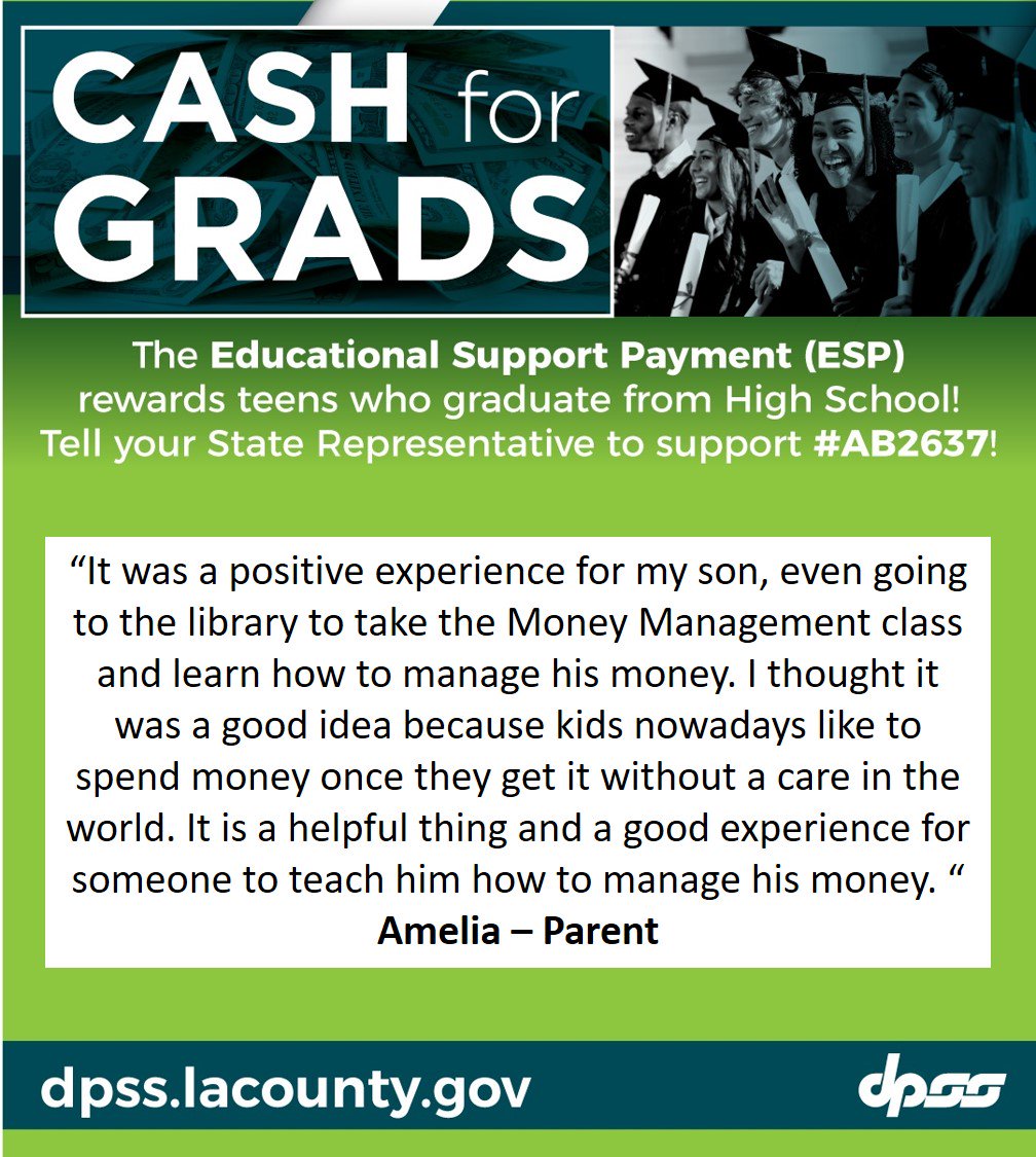LACo_DPSS's tweet photo. The Educational Support Payment (ESP) program is a great incentive that helps CalWORKs teens pursue higher goals for a brighter future. Tell your State Assembly Rep. to VOTE YES on #AB2637! #lacodpss #LACounty #AB2637 https://t.co/8g8pKSlRuy