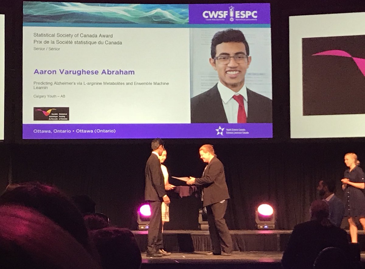 ScienceFairCYSF's tweet photo. Congratulations to Aaron from Team Calgary Youth. He won the Statistical Society of Canada Senior Award @cwsf_espc #cysf2018 https://t.co/nVC4YBSAZ0