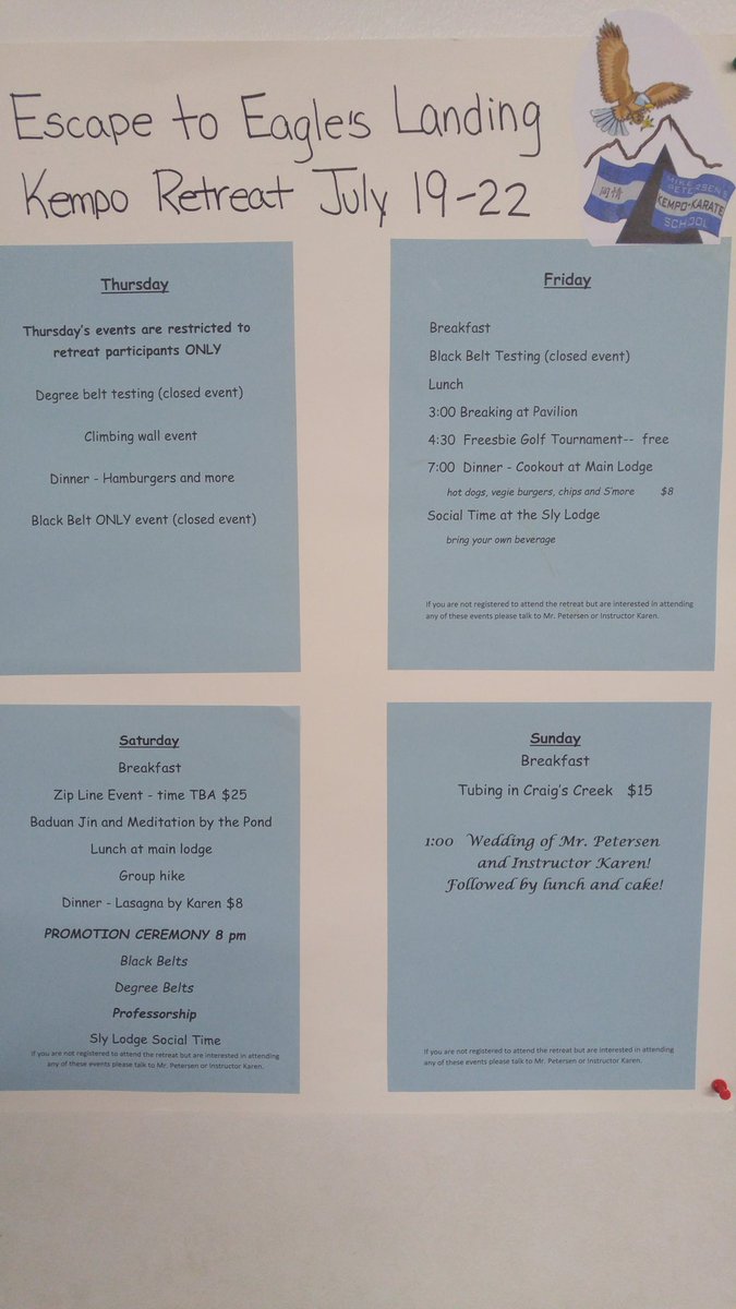 MPKKS1's tweet photo. Itinerary for July retreat. If you are registered you must pick up final paperwork now. Must be returned by May 31. NO EXCEPTIONS https://t.co/tQU4gbIBye