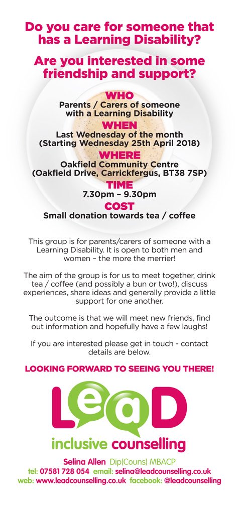 leadcounselling's tweet photo. #Belfasthour Details of a new support group for parents of someone with a Learning Disability 🤝 https://t.co/4TpwmTumD6