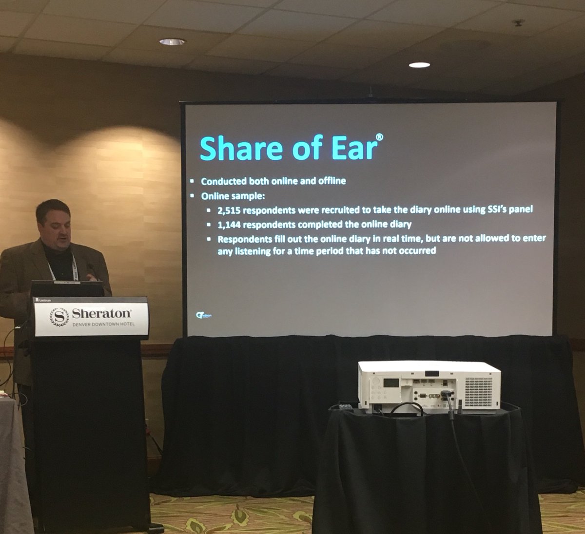 At #AAPOR Conference <a href="/brown756/">Randy Brown</a> from <a href="/edisonresearch/">Edison Research</a> discusses the mixed-mode Share of Ear study
