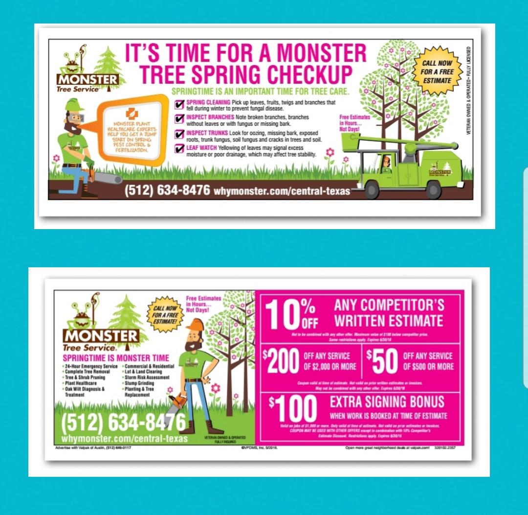 monstertree_atx's tweet image. Check out these great discounts from #monstertreeservice that will be hitting your mailbox this week in the blue envelope #austintreeservice