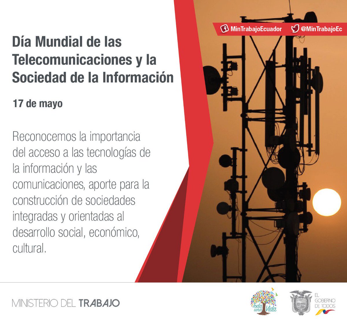 MinTrabajoEc's tweet photo. En el #DíaTelecomunicacionesEC y la Sociedad de la Información debemos sensibilizar respecto a las posibilidades que el internet y las TIC’s pueden aportar a las sociedades y las economías, así como a la reducción de la brecha digital. #DMTSI18 https://t.co/FjqAAli39u