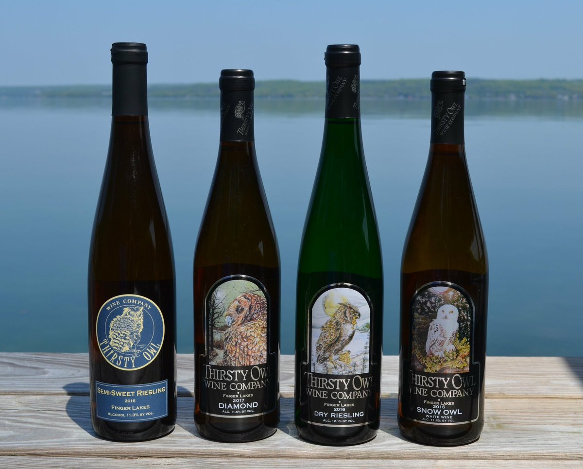 TheThirstyOwl's tweet photo. Pretty proud of these wines, which took home a lot of Gold at the recent 2018 Taster's Guild: Double Golds for the 2016 Semi-Sweet Riesling and the 2017 Diamond, and Golds for the 2016 Dry Riesling and 2016 Snow Owl. #tastersguild #fingerlakeswines #thirstyowlawardwinners https://t.co/5E4ZgzxIIp