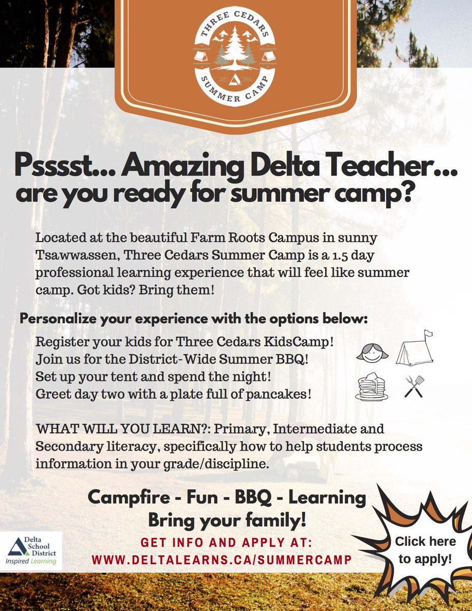 Neilstephenson's tweet photo. We are super excited to launch this professional learning experience for Delta teachers! Three Cedars Summer Camp! With Kids Camp, Family BBQ and overnight camping available! #sd37 #literacy #bced https://t.co/12Y65HRuH7 https://t.co/BCxbCm1YXq