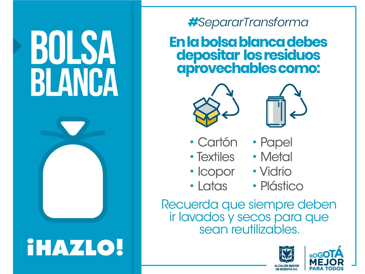 idubogota's tweet photo. Separar, lavar y secar los residuos aprovechables en tu hogar, lugar de trabajo o estudio es tu responsabilidad. Utiliza la bolsa blanca y recicla ¡Hazlo por Bogotá! #SepararTransforma https://t.co/VyWEDnZqzB