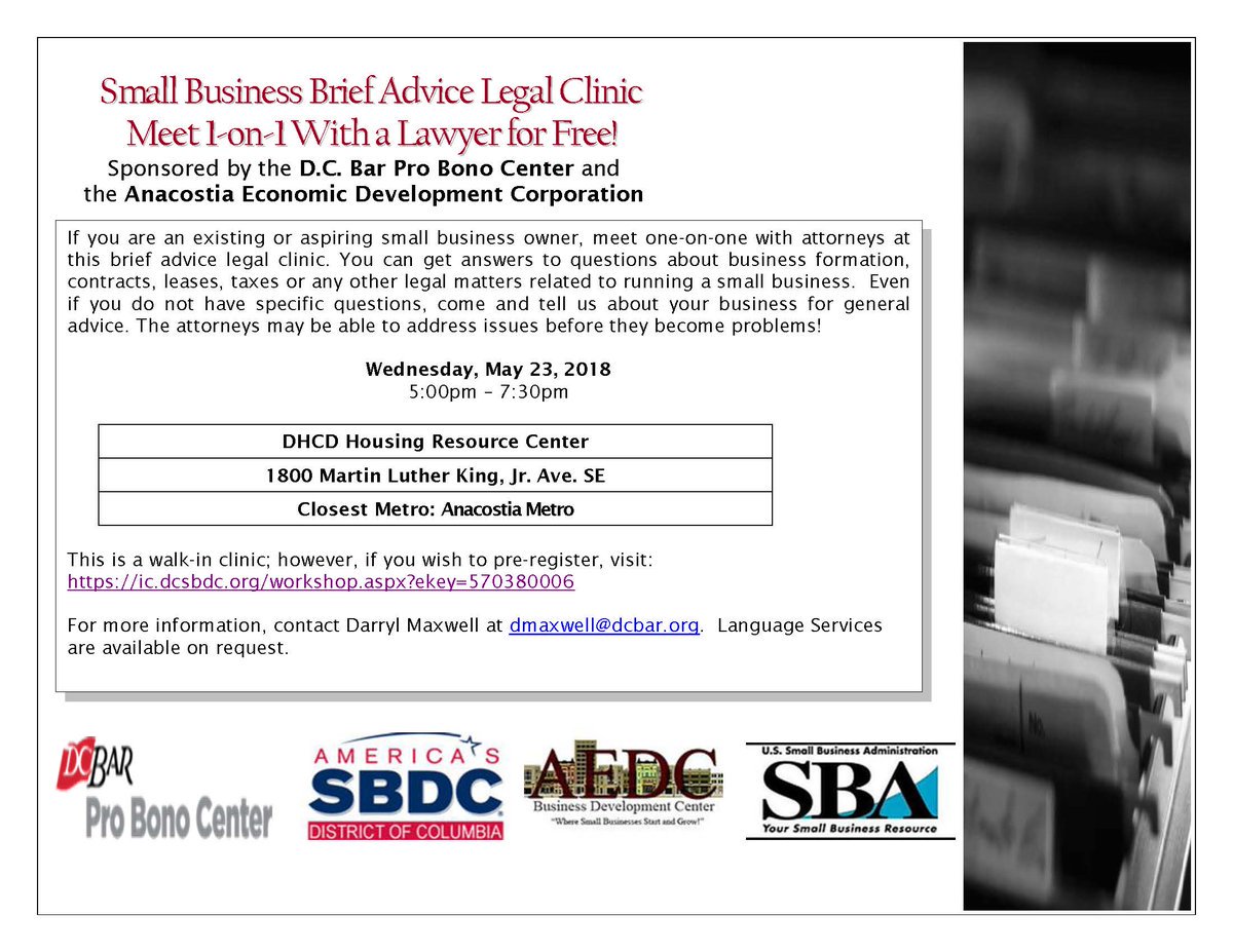 AnacostiaBID's tweet image. So happy to have @DCBarProBono &amp;amp; @aedc1800mlk partner for another great FREE #SmallBiz Legal Advice Clinic on May 23rd! Spread the word and sign-up! #MadeInAna #DCSmallBiz #Ward8