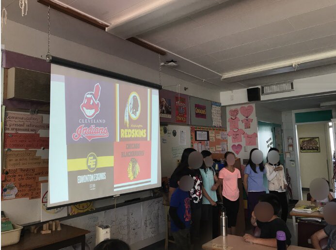 JessAlpaugh's tweet photo. Student dialogue around sports team logos and names. When grade 4/5 students unanimously agree you know there is some great work being done here! Through classroom conversations students recognize it is no longer ok to do nothing. #stereotypes #movingforward #aboriginaleducation https://t.co/9xxW7kEm0l