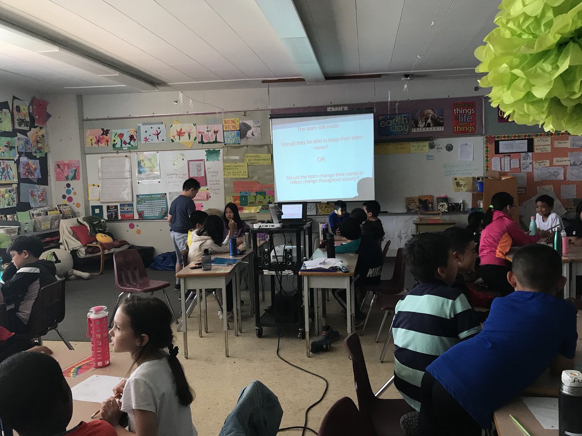 JessAlpaugh's tweet photo. Student dialogue around sports team logos and names. When grade 4/5 students unanimously agree you know there is some great work being done here! Through classroom conversations students recognize it is no longer ok to do nothing. #stereotypes #movingforward #aboriginaleducation https://t.co/9xxW7kEm0l
