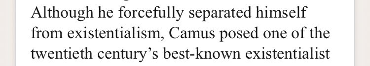 Dolan_Lindsey's tweet photo. I don’t know enough abt Camus to say but I think he rejected the label “existentialist” because through the Stranger he seems to argue that  embracing it=rejection of responsibility to the world,but the leading form of existentialism at the time (1/2) #Laylit18 https://t.co/R29gf8irCJ