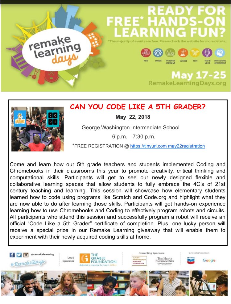 tyeropoli's tweet photo. Hope you will join us for 2 great events hosted by NCASD during #RemakeDays! Register today! #codelikea5thgrader #engineeringthegreatescape #ncasdsteam https://t.co/y4s28dGtLb