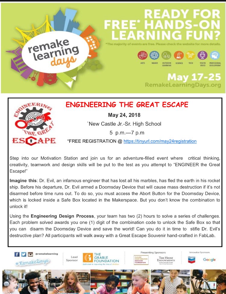 tyeropoli's tweet photo. Hope you will join us for 2 great events hosted by NCASD during #RemakeDays! Register today! #codelikea5thgrader #engineeringthegreatescape #ncasdsteam https://t.co/y4s28dGtLb