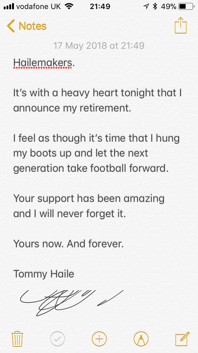THaile91's tweet photo. A note to all my fans. 

It’s been a tough decision, but it’s the right thing to do.

#Ridingoffintothesunset #footballicon #pastit
@BBCSport @SkySportsNews https://t.co/ztMnlDAcPe