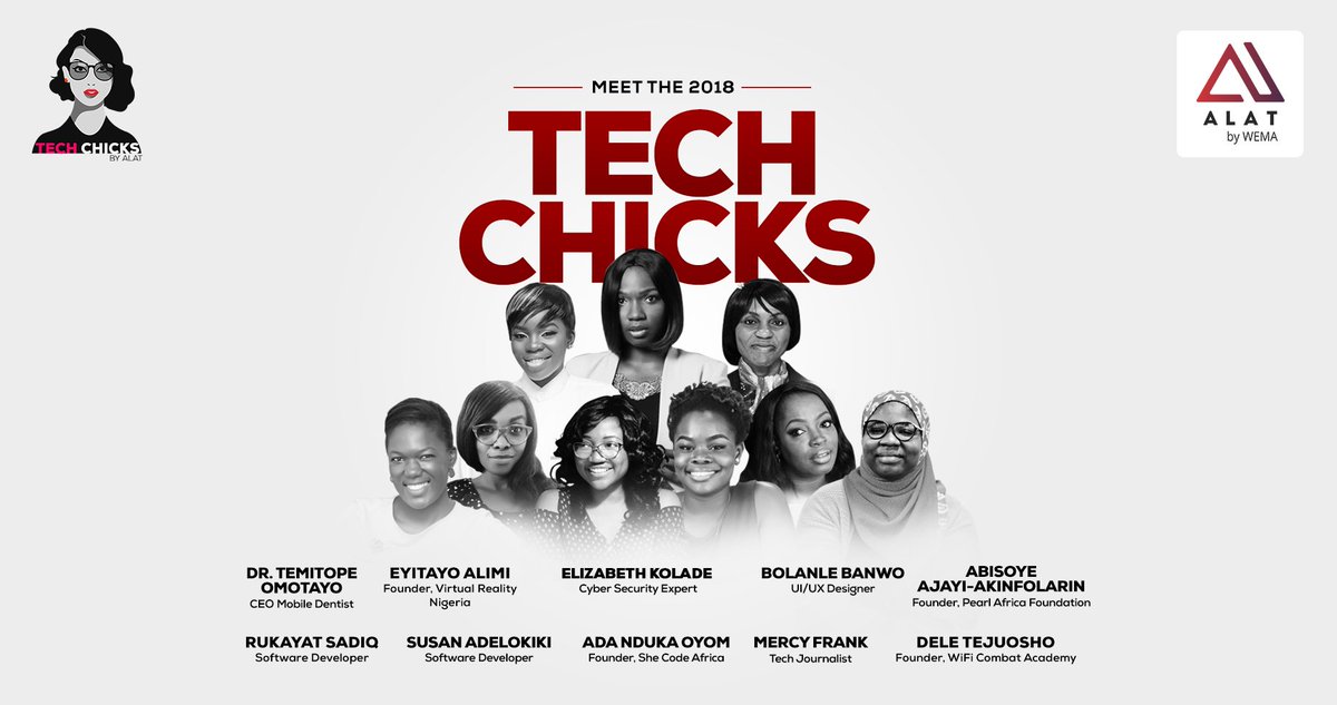 GuardianNigeria's tweet photo. ALAT has launched Tech Chicks. Selected from crowd-sourced nominations on social media by a panel of women achievers, the founding class of #TechChicks includes software developers, innovators, a cyber-security expert and a dentist. https://t.co/2O2JnxKVlT
#ExperienceALAT #Wema https://t.co/TDAg4WeF4Y