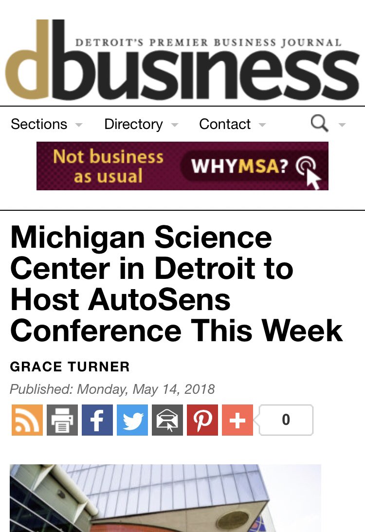 AutoSens_'s tweet photo. Weโve had some great coverage of @AutoSens_ here in Detroit this week! Thanks @dbusiness @Automoblog @crainsdetroit @usnews #AutonomousVehicles #sensors #vehicleperception #technology #detroit https://t.co/RNMSdtqg6m