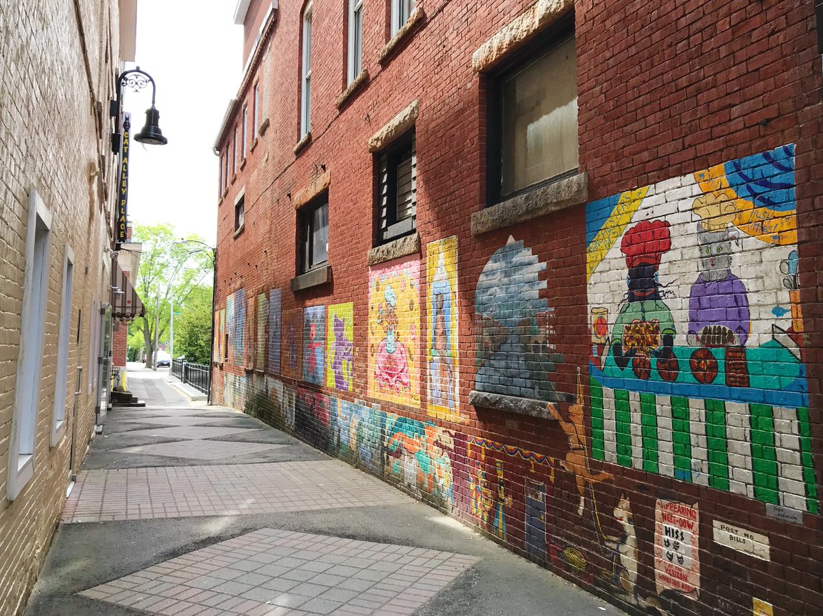ElisabethWriter's tweet photo. According to a plaque hanging in the alley, #CatAlley got its name from the late C.T. Durgin, who once saw a fierce battle there between two felines. 🙀 Artists have painted themed murals on one side, featuring cute cats to pay homage to the alley’s nickname. 😻 #VanLife https://t.co/VmERFICLOn
