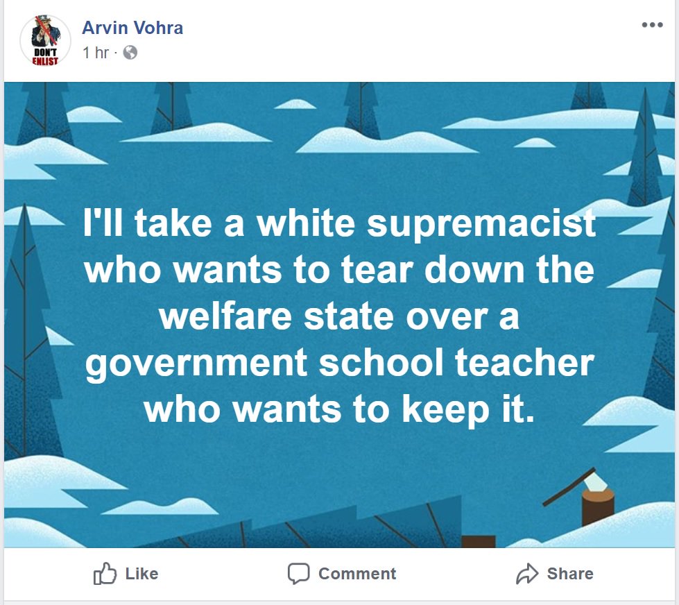 I've written thousands of words on why there aren't more black libertarians.

This facebook post from the vice-chair of the Libertarian Party reminds me I only needed one: libertarians.