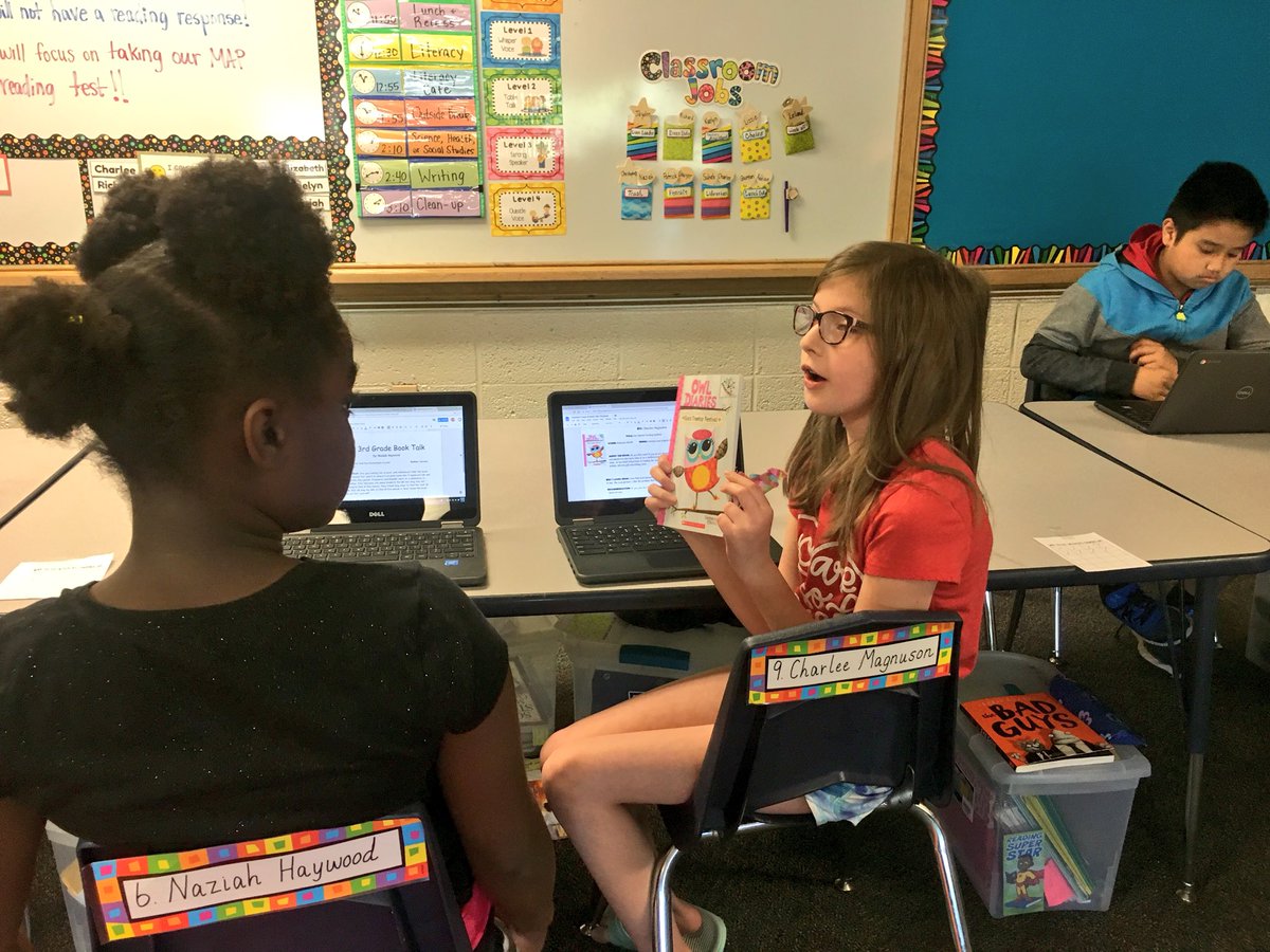 WW_3rd's tweet image. Preparing in small groups to give our final BOOK TALK of the year! We created a visual display to go along with our presentation. We start next week, so look for your child’s summer must-read list on Friday! 😁#GoogleEdu #booktalk #recommendations