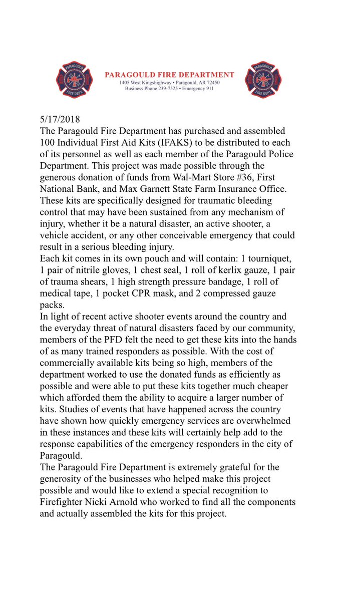 pfdchief201's tweet photo. Thank you to @Walmart @FNBArkansas and Max Garnett Insurance Agency for their support in purchasing individual first aid kits for all the Paragould Firefighters and Paragould Police Officers. https://t.co/gXCr7DGQyB