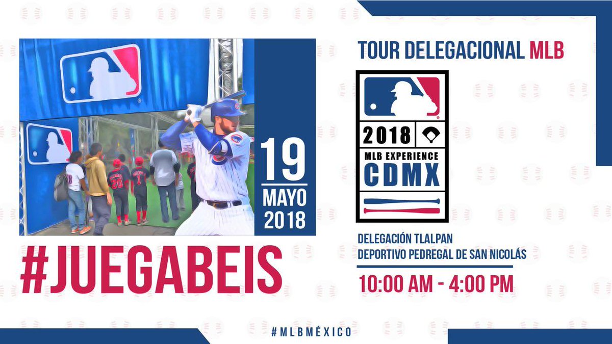 MLB_Mexico's tweet photo. ¡Nos vemos el sábado en la @DTlalpan!
La #MLBExperience estará en el Deportivo Pedregal de San Nicolás para que pases una mañana llena de béisbol.
#JuegaBeis #YoAmoElBeis https://t.co/115PhDSp9a