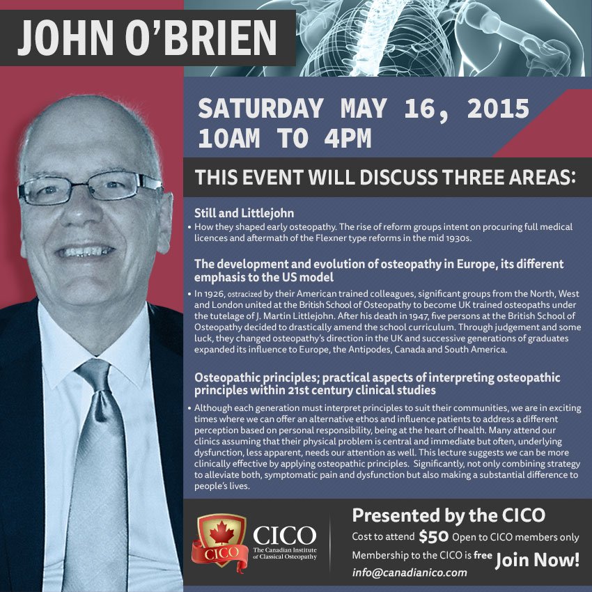 CICOosteopathy's tweet photo. #ThrowbackThursday
In May 2015, John O'Brien visited the Canadian Institute of Classical Osteopathy. In partnership with the Canadian Academy of Osteopathy, this lecture is available on their education portal: https://t.co/CCHr8HiMK2 https://t.co/qL4N7b7xtT