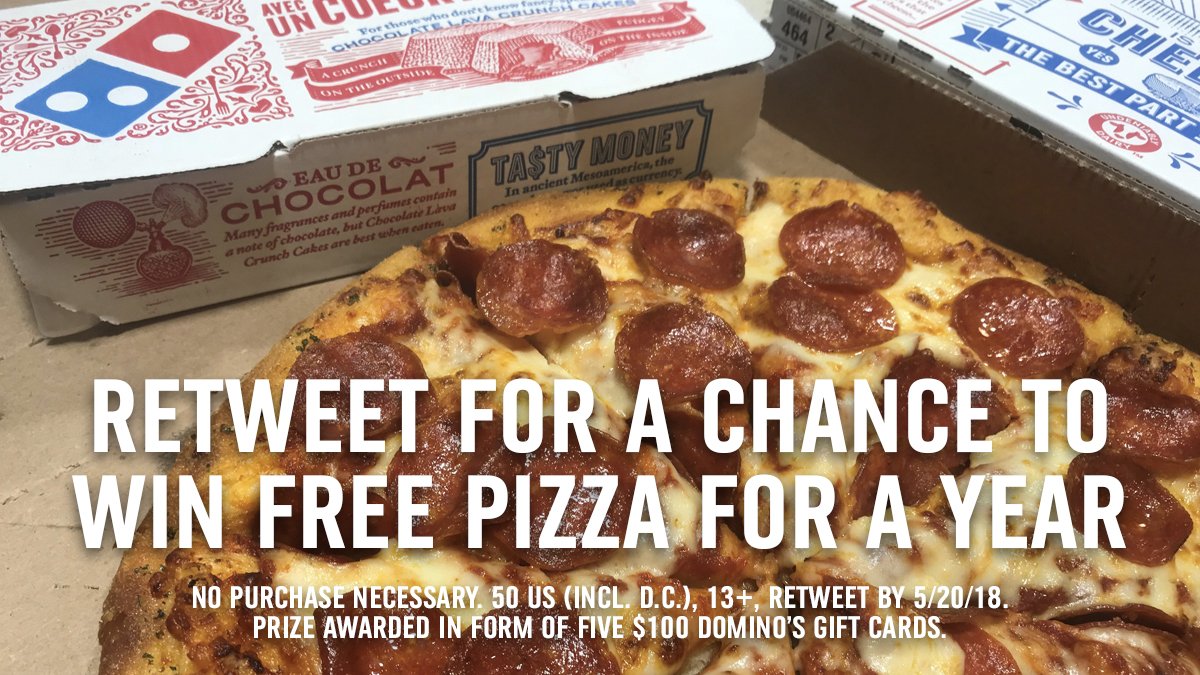 HEY 🍕 LOVERS! Get your party on! We’re giving away FREE PIZZA for a YEAR! RT this tweet and enter to win! #WinDominosPizza Rules: bit.ly/2KXaooK
#Sweeps