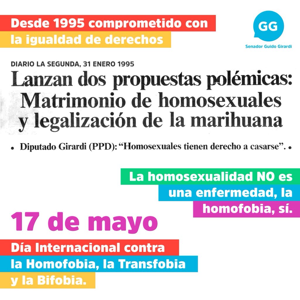 Hoy es el día mundial contra la homofobia, transfobia y bifobia. En Chile tenemos pendiente la plena igualdad de derechos, por ello me comprometo a seguir trabajando para legislar por un país más igualitario, que respete todas las formas de amor. #amoresamor