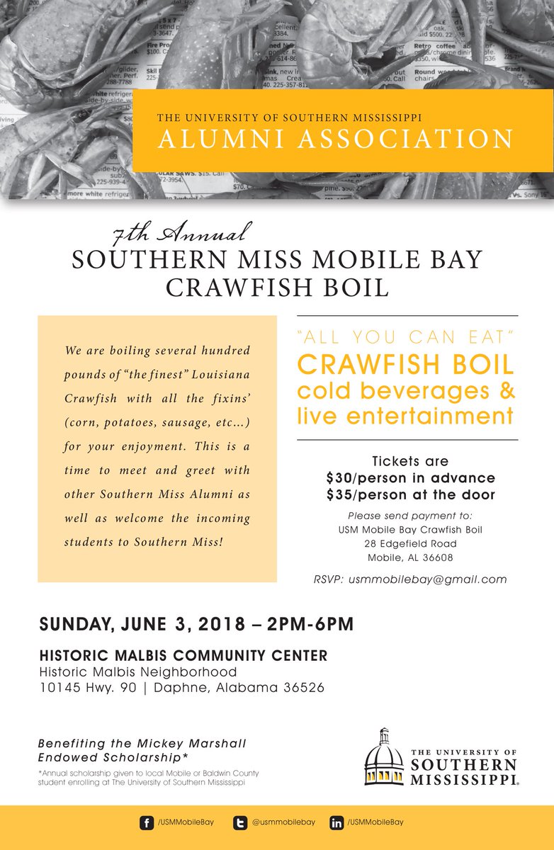 Join us June 3 for our annual Southern Miss Mobile Bay Crawfish Boil! This is a great event for future, present, and past Golden Eagles! #SMTTT