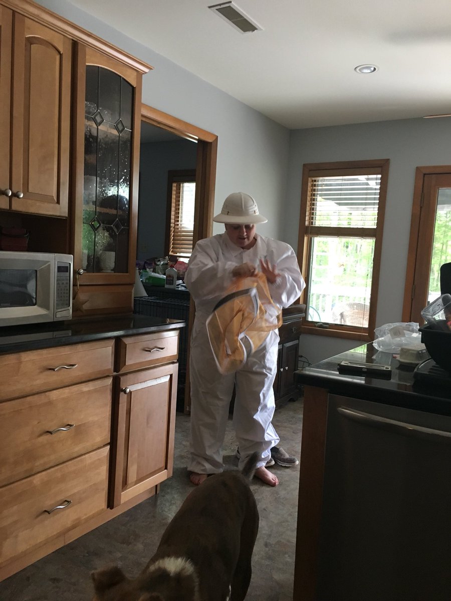 oldjaclyn's tweet photo. My aunt Kate is a beekeeper (on the side). She got all dressed up for her local beekeeper meeting tonight and her husband, Rick has some concerns about her beekeeping ways. He’s allergic to bees... #BeekeeperKate #BeGreatLikeKate #SorryRick https://t.co/MyBkKbX1DY