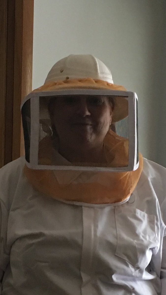 oldjaclyn's tweet photo. My aunt Kate is a beekeeper (on the side). She got all dressed up for her local beekeeper meeting tonight and her husband, Rick has some concerns about her beekeeping ways. He’s allergic to bees... #BeekeeperKate #BeGreatLikeKate #SorryRick https://t.co/MyBkKbX1DY