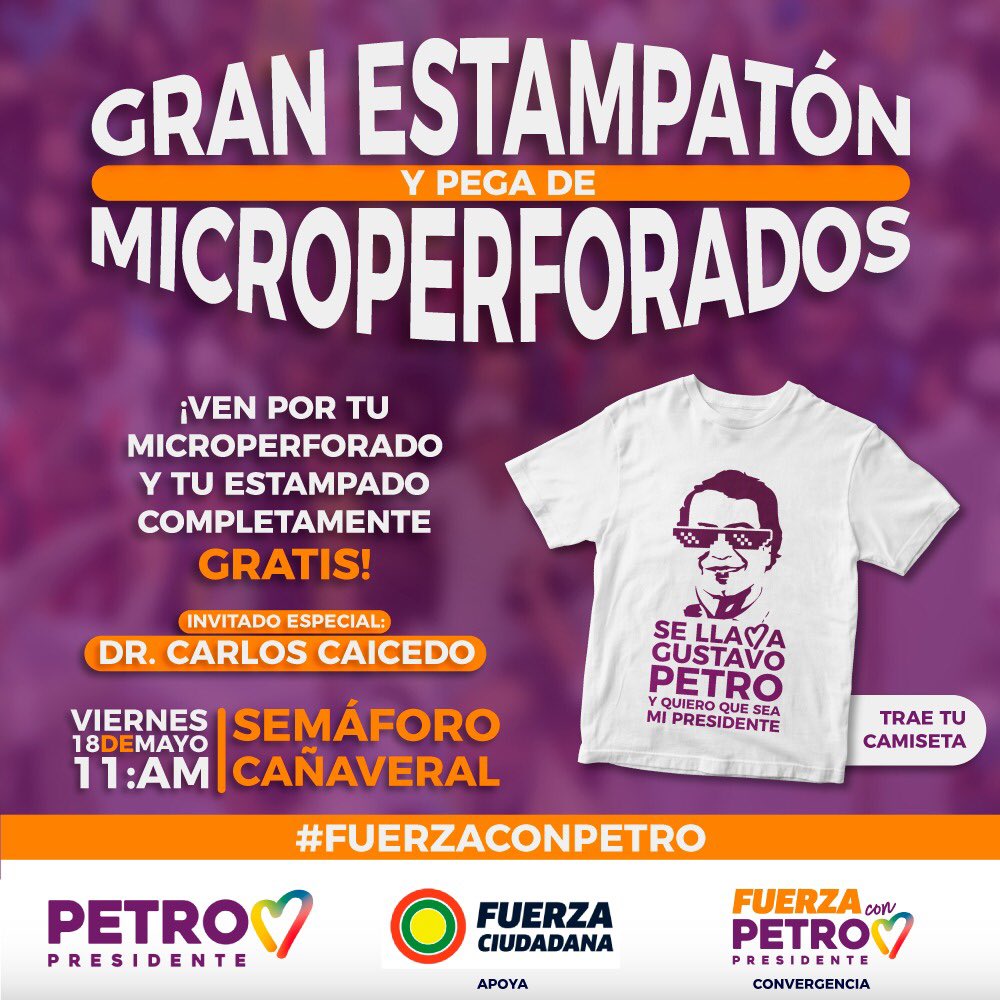 JovenesFuerzaC's tweet photo. Fuerza Ciudadana Bajo la dirección del Dr. @carlosecaicedo , apoya en convergencia al candidato que construirá una COLOMBIA HUMANA. 

¿Estás cansado de ver los carros apoyando a otros candidatos y no al tuyo? Ven por tu microperforado y estampa tu camiseta. #FuerzaConPetro https://t.co/k4DKafQnZr