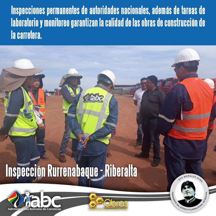 En inspecciones permanentes a los tramos de la carretera Rurrenabaque -Santa Rosa -Australia - El Chorro – Riberalta el Laboratorio de la ABC realiza el seguimiento permanente a la obra bajo normas de calidad. ABC no tolerará incumplimientos.