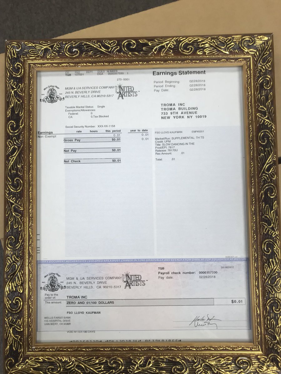 lloydkaufman's tweet photo. UNITED ARTISTS/MGM finally paid me for my acting!! https://t.co/QE4WxyhpOT