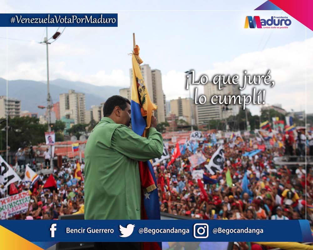begocandanga's tweet photo. Pdte @NicolasMaduro "Ustedes me hicieron presidente aquel 14 de abril de 2013, les juré lealtad al legado del Cmdte Chávez, les juré gobernar para el pueblo y no dejar nunca al pueblo, juré lealtad a la patria, hoy puedo decir: ¡Lo que juré, lo cumplí!" #VenezuelaVotaPorMaduro https://t.co/wrbY2uIoKn