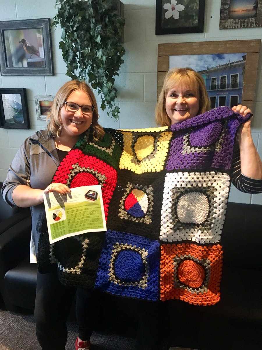 AcrRussell's tweet photo. @rvata35 @rvsed @EAMS8 @RVS_cjackson Our wonderful coworker took on the loving task of crocheting this beautiful #Lapghan representing #Treaty7Nations culture, language and history, which will be gifted to an elder. #IndigenousEd https://t.co/MIS73mV9ej