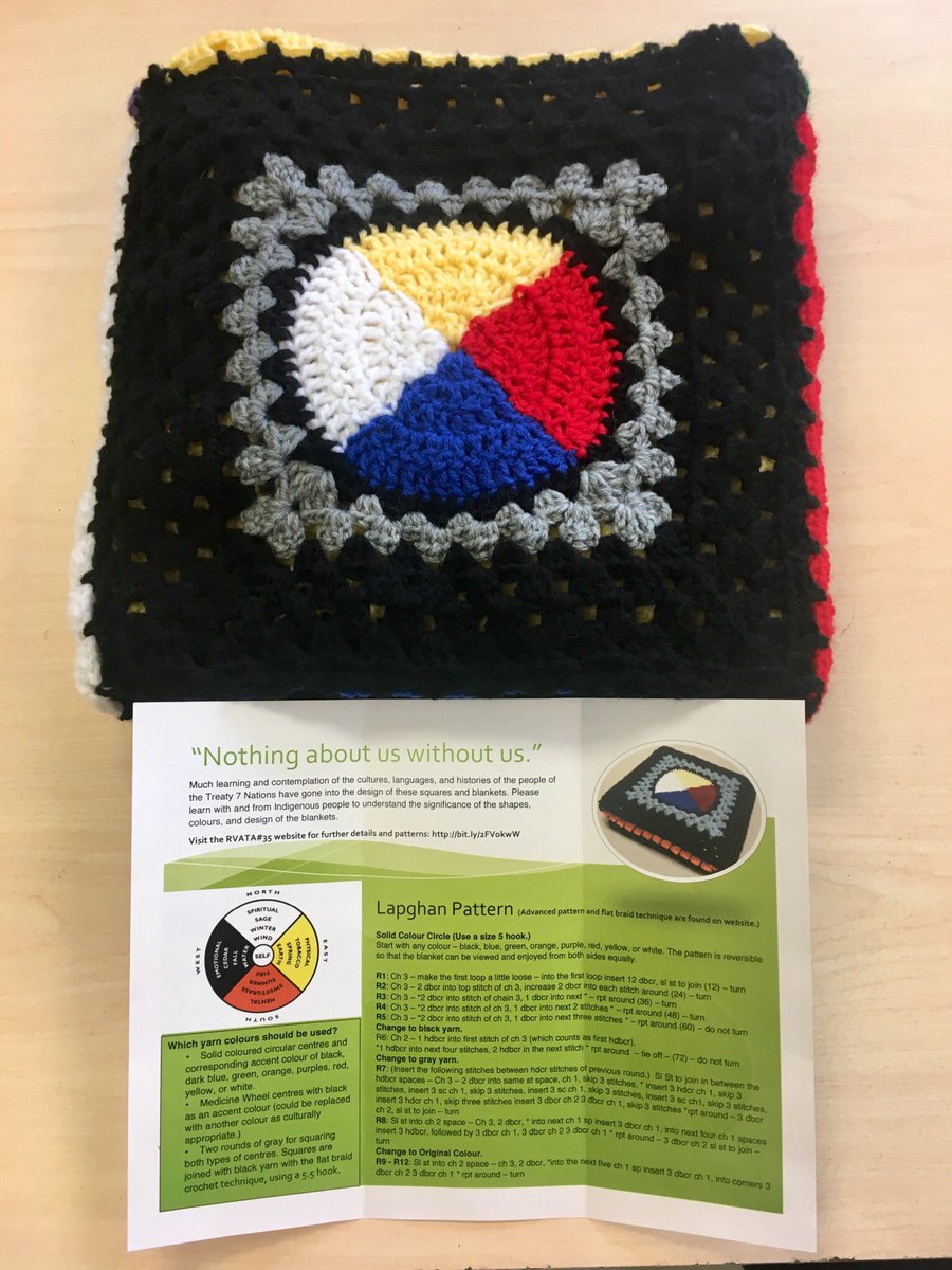 AcrRussell's tweet photo. @rvata35 @rvsed @EAMS8 @RVS_cjackson Our wonderful coworker took on the loving task of crocheting this beautiful #Lapghan representing #Treaty7Nations culture, language and history, which will be gifted to an elder. #IndigenousEd https://t.co/MIS73mV9ej